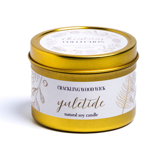 𝐘𝐔𝐋𝐄𝐓𝐈𝐃𝐄 - 6oz Tin Christmas Crackling Wood Wick Candle